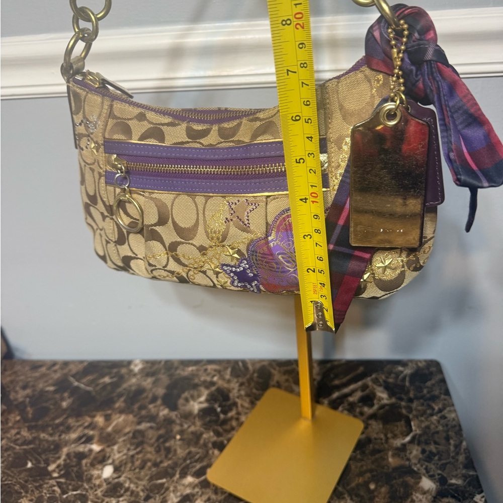 Coach Poppy Tartan Appliqué Groovy Shoulder Bag Brown Purple - Picture 15 of 17